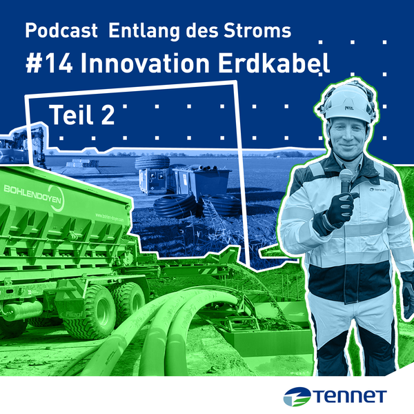 Podcast Cover blau Innovation Erdkabel Mann mit Mikrofon